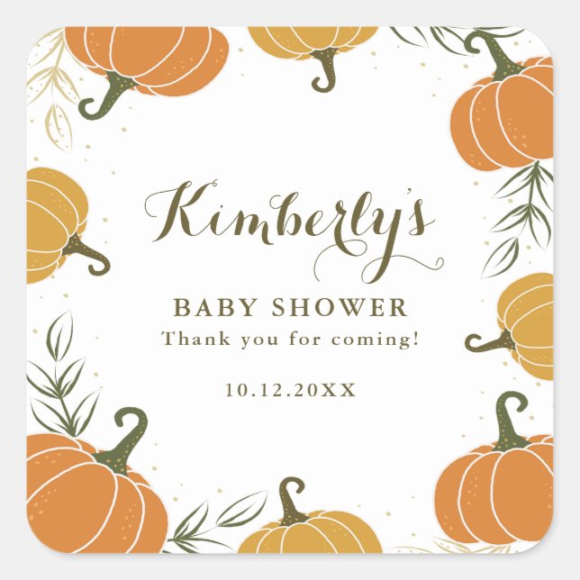 Pegatina Cuadrada Calabaza rusa y deja Baby Shower gracias (Anverso)