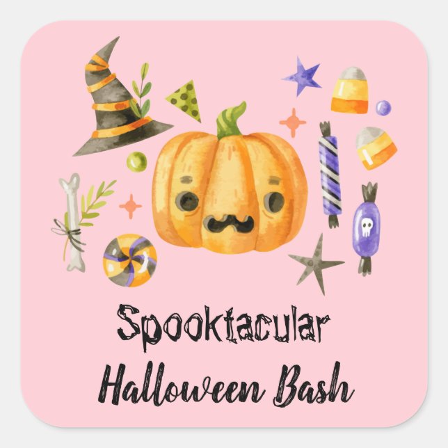 Pegatina Cuadrada Calabaza Spooktacular Halloween Bash Fiesta Rosa (Anverso)