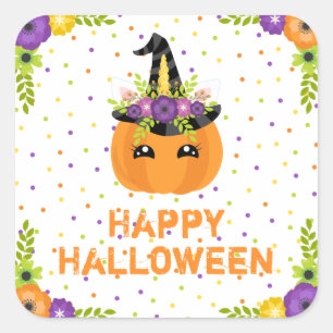 Pegatina Cuadrada Calabaza Unicornio Feliz Halloween Cuadrado Blanco