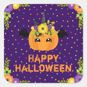 Pegatina Cuadrada Calabaza Unicornio Feliz Halloween Cuadrado Morado