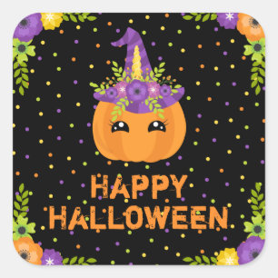 Pegatina Cuadrada Calabaza Unicornio Feliz Halloween Cuadrado Negro 
