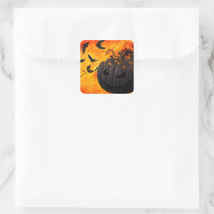 Pegatina Cuadrada Calabaza y ilustracion murciélago espeluznantes