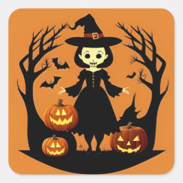 Pegatina Cuadrada Calabazas de Bruja de Halloween Escena Espeluznant