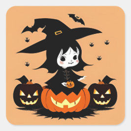 Pegatina Cuadrada Calabazas de Bruja de Halloween Escena Espeluznant
