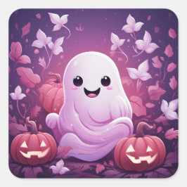 Pegatina Cuadrada Calabazas De Fantasma Rosa Y Naranja De Halloween