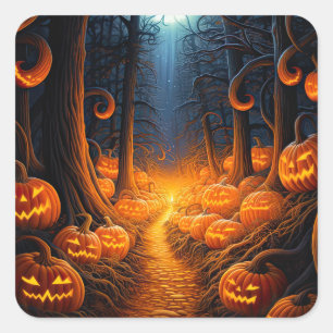 Pegatina Cuadrada Calabazas de Jack o Lantern en Halloween