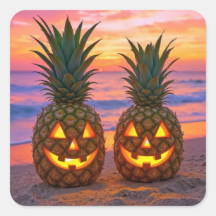 Pegatina Cuadrada Calabazas de piña de Halloween en una playa
