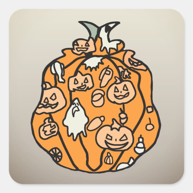 Pegatina Cuadrada ¡Calabazas Retro que Asustan y Golosinas de Hallow (Anverso)