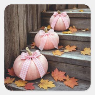 Pegatina Cuadrada Calabazas rosadas de otoño y hojas de otoño