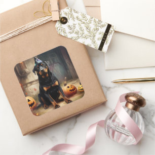 Pegatina Cuadrada Calabazas Rottweiler Halloween Espeluznantes