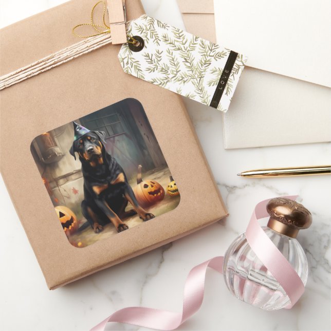 Pegatina Cuadrada Calabazas Rottweiler Halloween Espeluznantes (Regalar)