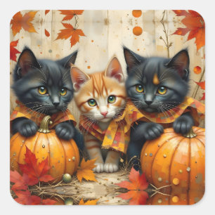 Pegatina Cuadrada Calabazas y follaje de gatitos otoñales