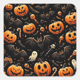 Pegatina Cuadrada Calabazas y murciélagos