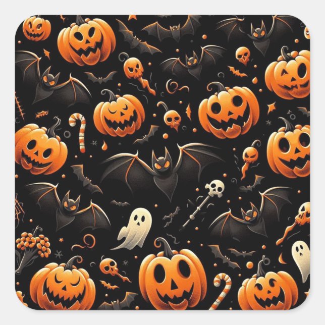 Pegatina Cuadrada Calabazas y murciélagos (Anverso)