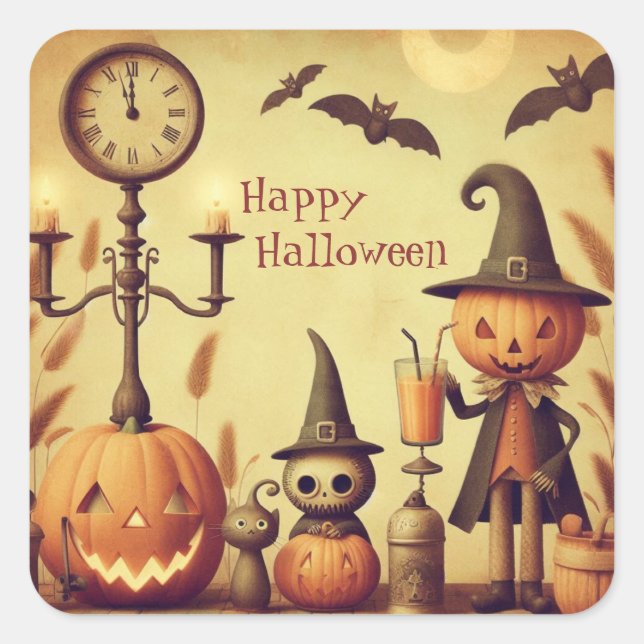 Pegatina Cuadrada Calabazas y murciélagos de Halloween de época (Anverso)