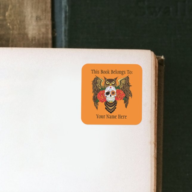 Pegatina Cuadrada Calavera Búho Rosas Rojas Vibrantes Exlibris (Subido por el creador)