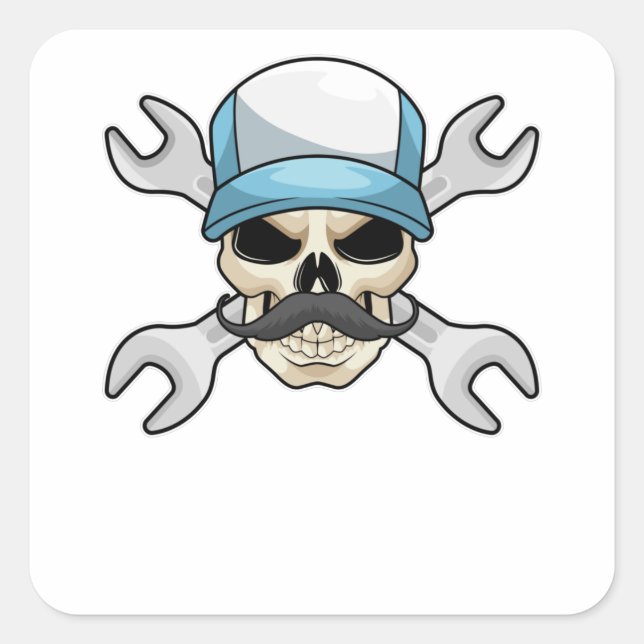 Pegatina Cuadrada Calavera con bigote y llave (Anverso)