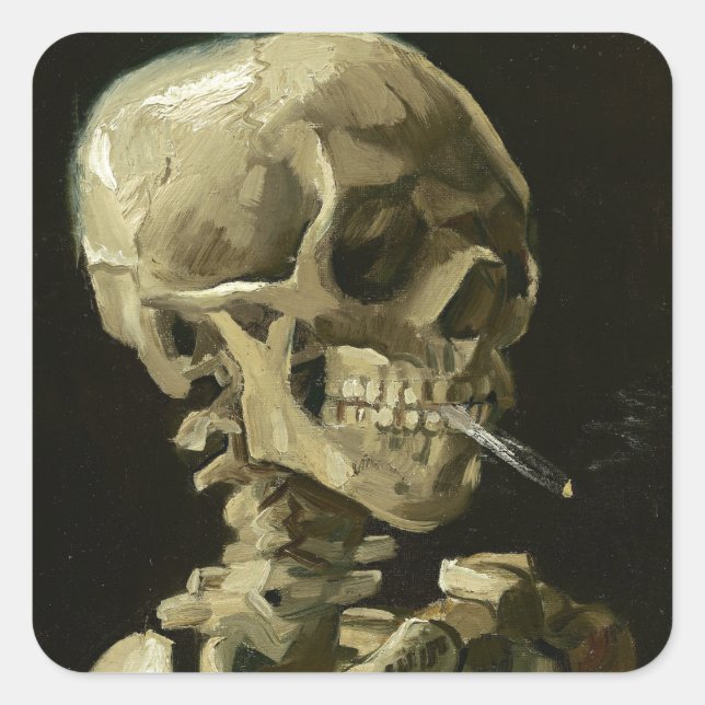 Pegatina Cuadrada Calavera con cigarrillo de Van Gogh (Anverso)