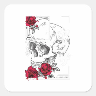 Pegatina Cuadrada Calavera con flores - Diseño de estilo japonés urb