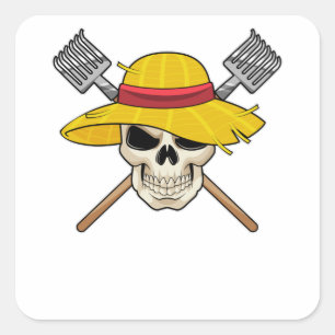 Pegatina Cuadrada Calavera con Gorra como granjero con torta