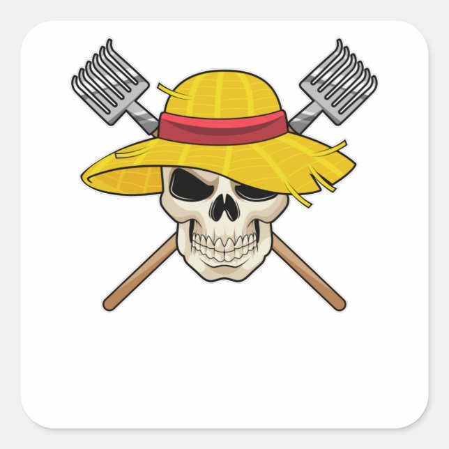 Pegatina Cuadrada Calavera con Gorra como granjero con torta (Anverso)