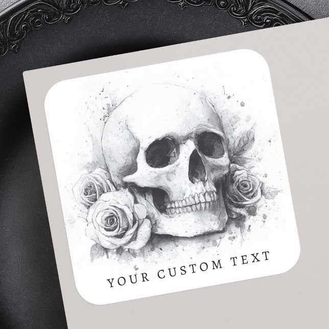 Pegatina Cuadrada Calavera con pintura acuarela de rosas (Skull with roses watercolor painting square sticker)