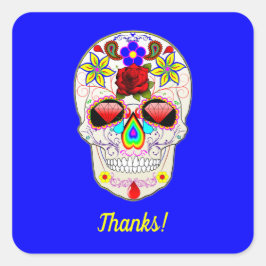 Pegatina Cuadrada Calavera con Rosa y lirios en azul