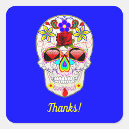 Pegatina Cuadrada Calavera con Rosa y lirios en azul