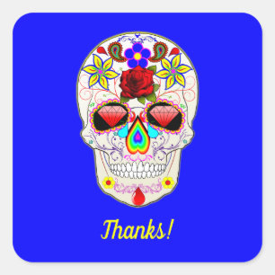Pegatina Cuadrada Calavera con Rosa y lirios en azul