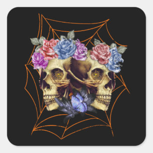 Pegatina Cuadrada Calavera con Rosas