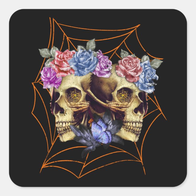 Pegatina Cuadrada Calavera con Rosas (Anverso)