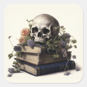 Pegatina Cuadrada Calavera de acuarela gótica con flores