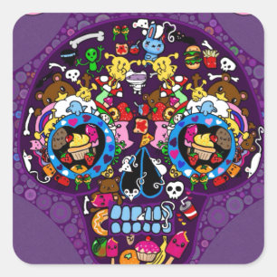 Pegatina Cuadrada Calavera de Arte de Azúcar Kawaii Doodle personali