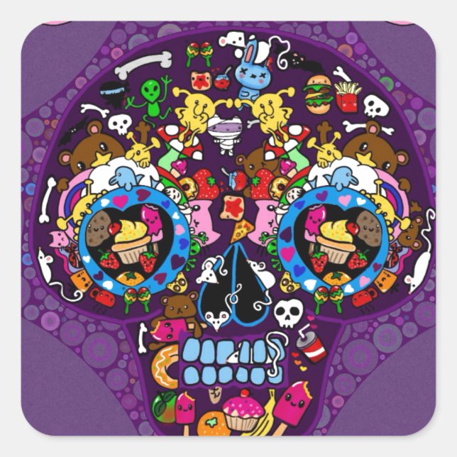 Pegatina Cuadrada Calavera de Arte de Azúcar Kawaii Doodle personali (Anverso)