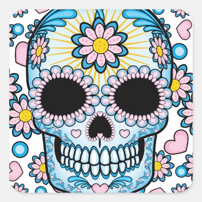 Pegatina Cuadrada Calavera de azúcar colorida (Anverso)