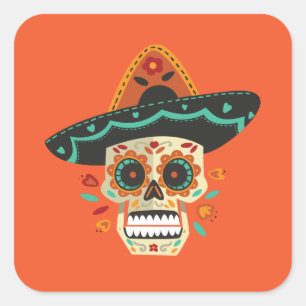 Pegatina Cuadrada Calavera de azúcar con Gorra Dia de Muertos   PEGA