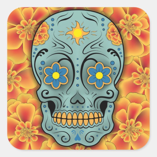 Pegatina Cuadrada Calavera de azúcar - Día de los Muertos (Marigold) (Anverso)