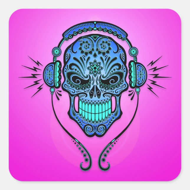 Pegatina Cuadrada Calavera de azúcar DJ - Azul y púrpura (Anverso)