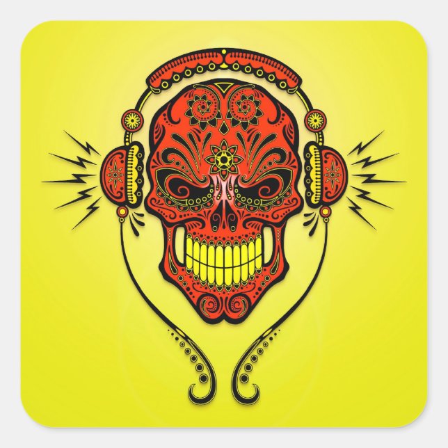 Pegatina Cuadrada Calavera de azúcar DJ - Rojo y Amarillo (Anverso)
