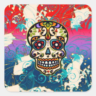Pegatina Cuadrada Calavera de azúcar mexicana, Día de los Muertos,