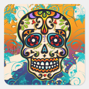Pegatina Cuadrada Calavera de azúcar mexicana, Día de los Muertos