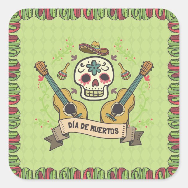 Pegatina Cuadrada Calavera de azúcar y Guitars Dia de Muertos | PEGA (Anverso)