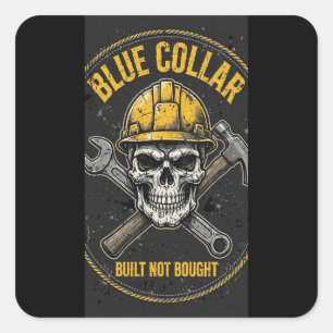 Pegatina Cuadrada Calavera de cuello azul, construida no comprada Pe