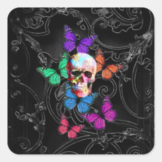 Pegatina Cuadrada Calavera de fantasía y mariposas de colores