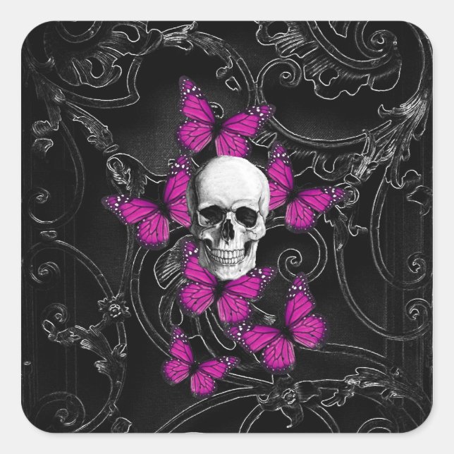 Pegatina Cuadrada Calavera de fantasía y mariposas rosadas calientes (Anverso)