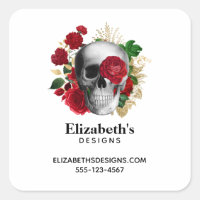 Calavera de gótico con negocio de flores rojas
