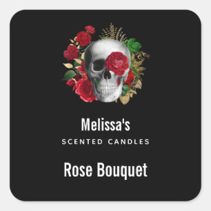 Pegatina Cuadrada Calavera de gótico con velas de flores rojas con S