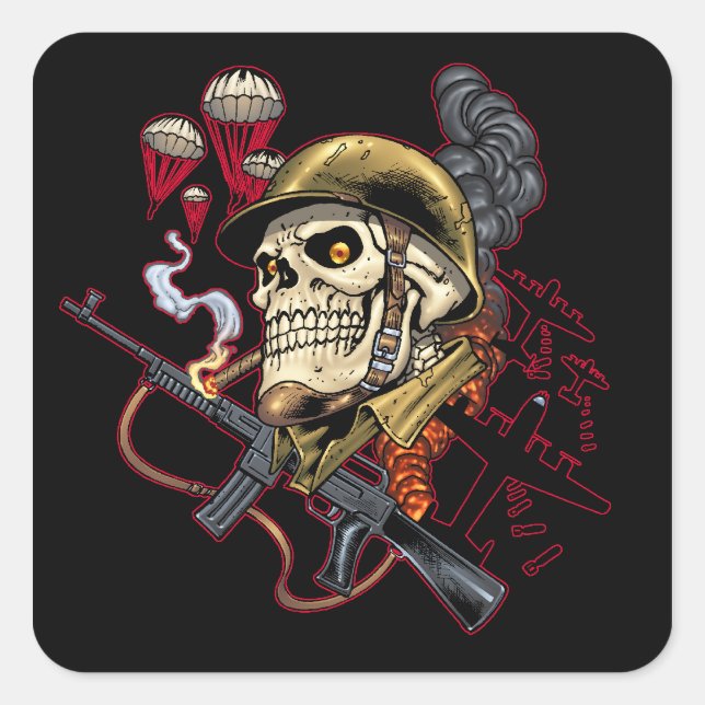 Pegatina Cuadrada Calavera de paracaidista aérea o marina con casco (Anverso)