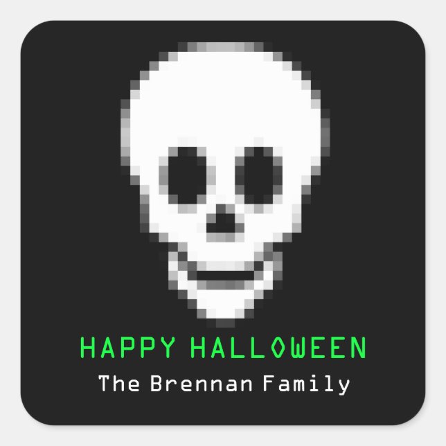 Pegatina Cuadrada Calavera de píxeles de muerte tóxico verde Hallowe (Anverso)