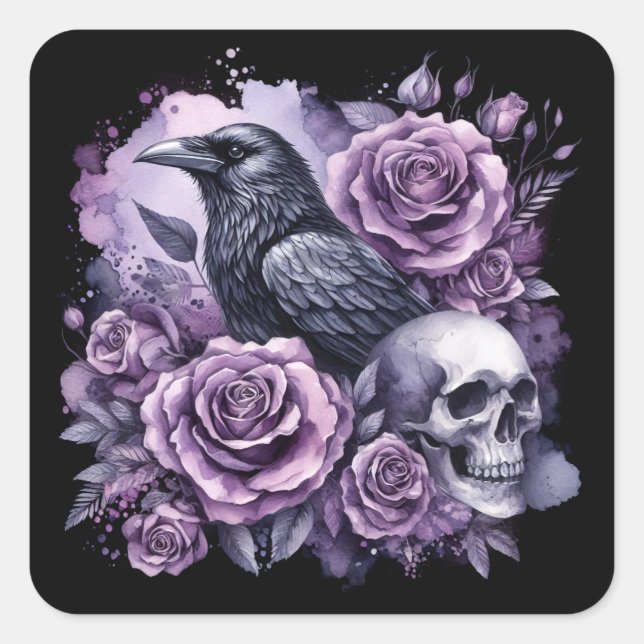 Pegatina Cuadrada Calavera de Rosas púrpura de Raven Gótico (Anverso)